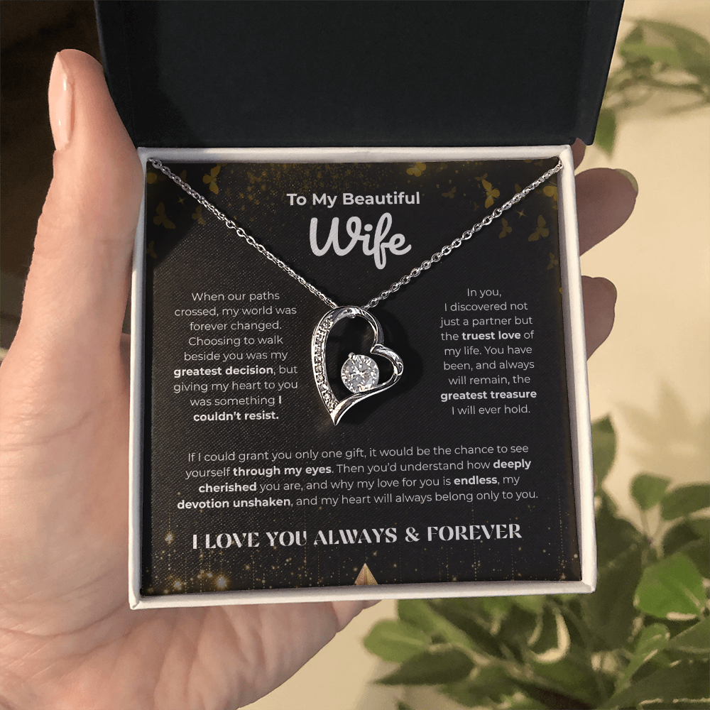 Forever Love Necklace with “To My Beautiful Wife” Message Card – Romantic Anniversary, Birthday, or Valentine's Day Gift for Wife