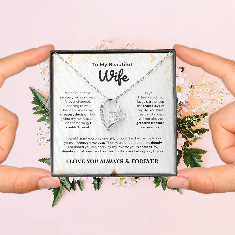 Forever Love Necklace with “To My Beautiful Wife” Message Card – Romantic Anniversary, Birthday, or Valentine's Day Gift for Wife
